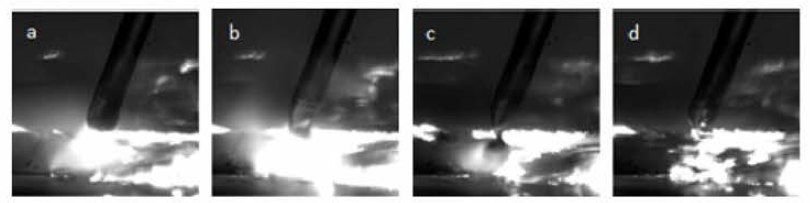 Metal transfer when D=10 mm (a) 0.5ms, Cb) 1.5ms, (c) 2.5ms, (d) 3.5ms