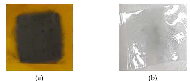 바인더 A 코팅면에 스프레이 코팅된 팔라듐 나노입자의 테이프 테스트 결과 (a: 코팅면, b: 테이프면)