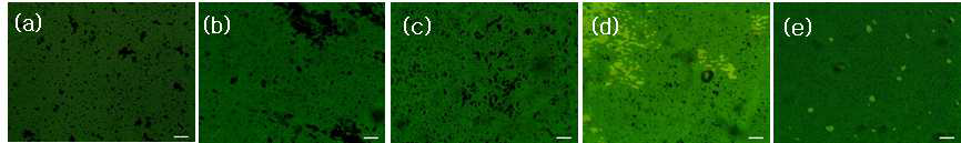 유기 용매 (a) acetone, (b) D.I. water, (c) EtOH, (d) NMP에서 세척 및 (e) sonication을 이용하여 세척한 폴리아닐린 박막의 OM 사진