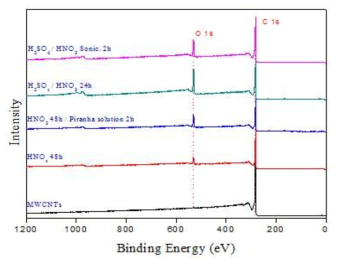 다양한 산처리를 통해 제조된 탄소나노튜브의 XPS 분석 결과