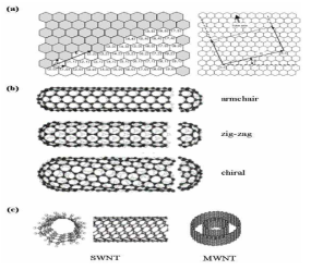 탄소나노튜브의 구조 ; (a)탄소나노튜브 단위셀 (n,m)의 구조, (b)탄소나노튜브의 구조, (c) 홀겹나노튜브와 다겹나노튜브