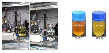 에틸 아세테이트 용액 탈색 과정(좌), 탈색 전·후 사진(우)