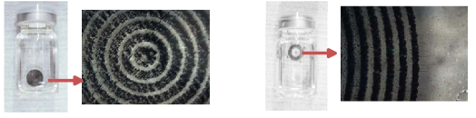 제작된 모아래 패턴이 인쇄된 렌즈: 1차년도에 제작된 렌즈 (선 폭: 150 μm, 선 간격: 100 μm) (좌), 2차년도 제작된 렌즈 (선 폭: 100 μm, 선 간격: 100 μm) (우)