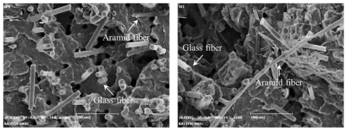 PPS/유리섬유/아라미드섬유 복합소재의 SEM 사진