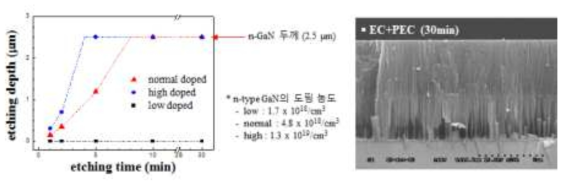 도핑농도와 에칭 시간에 따른 EC 에칭 변화 그래프(좌)와 EC-PEC 에칭으로 제작된 porous GaN template SEM 이미지