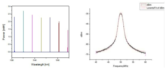 광원 스펙트럼 측정 결과(좌) 및 선폭 측정 결과(우)
