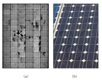 고장 모듈 제공(a: Tilt over PV module, b: Snail trail PV module)