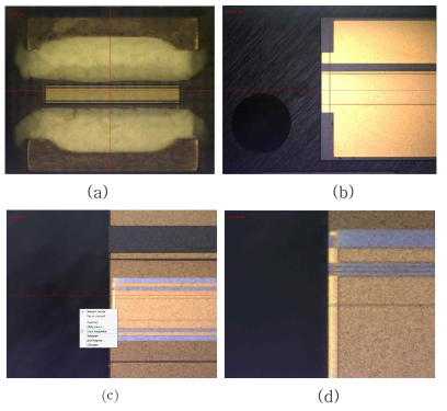 플립칩 본딩 공정 사진 (a)칩 바닥면 (b)서브마운트 윗면 ⒞칩과 서브마운트 정렬 (d)칩 오버행 정렬