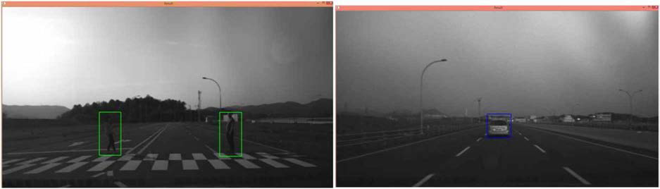 주간용 카메라를 통한 보행자/차량 인식 결과