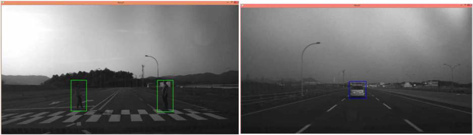 주간용 카메라를 통한 보행자/차량 인식 결과