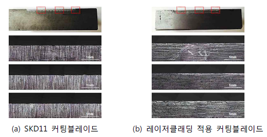 커팅시험 전 재질별 커팅블레이드 에지부의 표면 상태