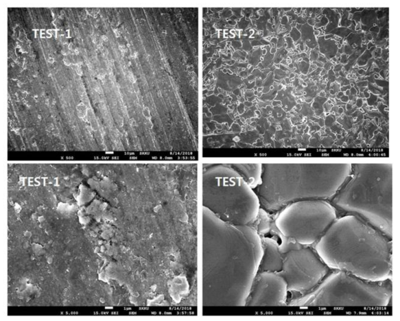 Test-1 및 Test-2 세라믹 소재의 SEM 단면 사진 촬영 (5,000배)