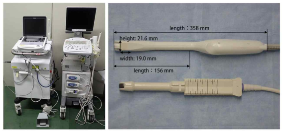 일본의 National Defense Medical College 개발한 초음파/광음향 영상 시스템(왼쪽)과 경직장 초음파/광음향 융합 프로브(오른쪽)