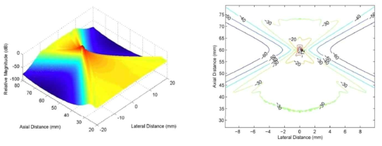 Field II 프로그램을 이용한 초음파 음장 3D(좌측) 및 2D 시뮬레이션의 예(우측)