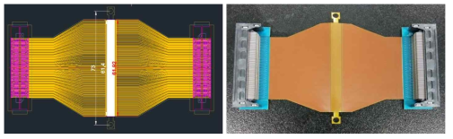 선형배열 프로브용 FPCB 설계도면(좌측)과 실제 제작된 FPCB 사진(우측)