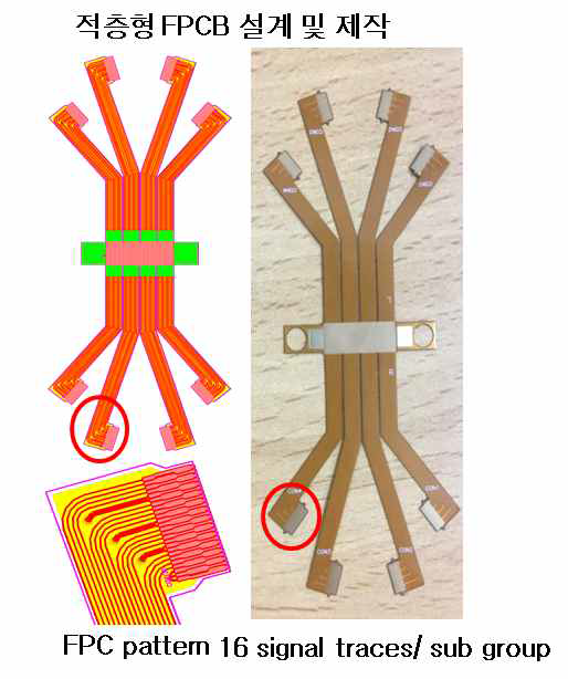 Micro-convex 형태의 경직장 초음파 변환자에 신호를 인가하기 위한 적층용 FPCB 설계도(좌측) 및 제작사진(우측)