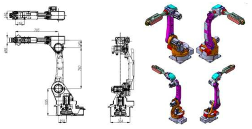 설계 완료된 20kgf급 수직다관절 로봇의 2D 및 3D 레이아웃
