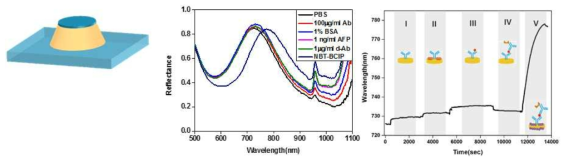 나노원뿔대형 어레이 (Ti/Au/SiO2 1/40/5 nm) 패턴칩 상에서 반응 단계 별 스펙트라 및 스펙트라 변화값의 다이아그램