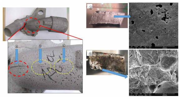 시제품 제작 5차에서 발생된 크랙의 모습과 표면의 SEM사진