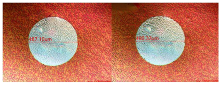 Optical Microscopy를 이용한 전극 지름 측정 [ Cu/SMA/Al 구조의 capacitor 소자를 제작한 예]