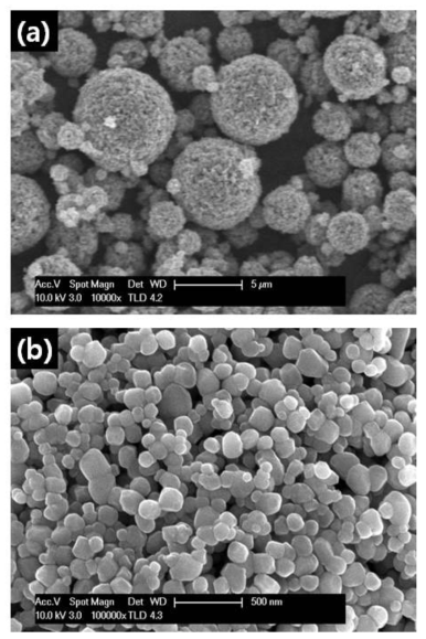 (a) Low-magnification FE-SEM image and (b) high-magnification FE-SEM image of KHCO3-TiO2 micro-pellets prepared by the aerosol process