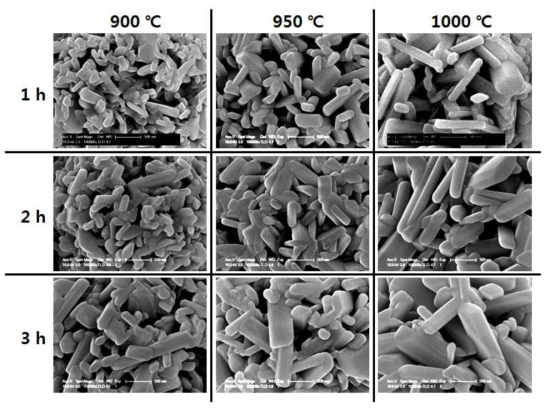 FE-SEM images of the potassium titanate prepared at different reaction temperature and reaction time