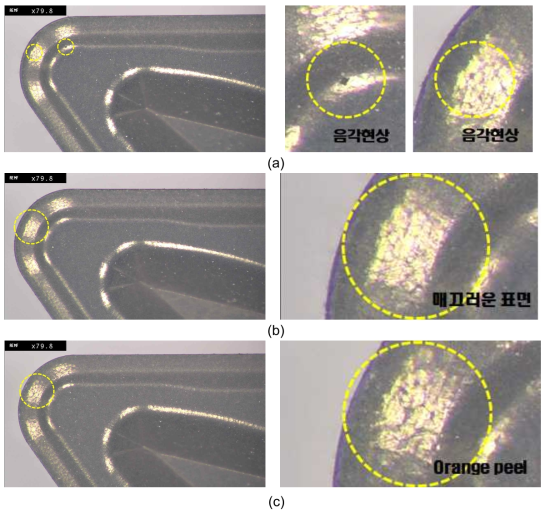 유기 바인더 첨가량에 따른 성형체 표면 실체 현미경(x80) ( a : 1.5wt%, b : 2.0wt%, c : 2.5wt% )