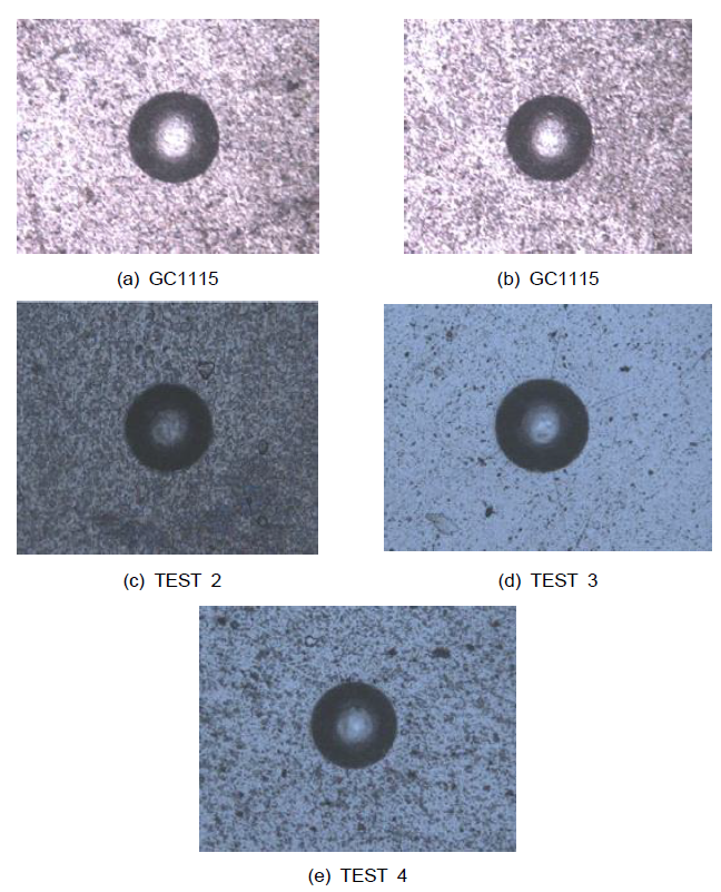 Sandvik 및 개발 소재에 대한 밀착력 분석 결과 (a: HF1 , b: HF2, c: HF3 , d: HF1, e: HF2 )