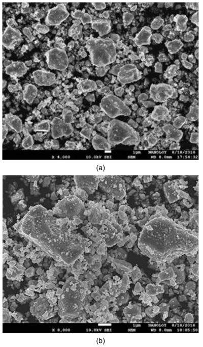 PPM社 (W0.5Ti0.5)C 복합탄화물 분말 FE-SEM 이미지(a: X4,000, b: X8,000)