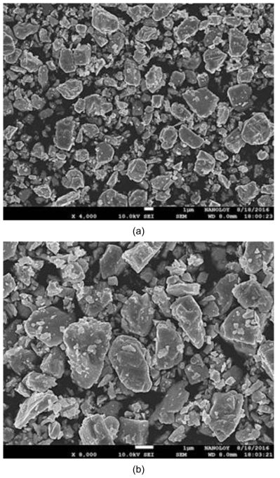 H.C, Starck社 (W0.5Ti0.5)C 복합탄화물 분말 FE-SEM 이미지(a: X4,000, b: X8,000)