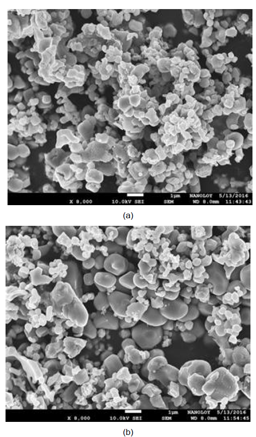N10과 TR-HP-2원재료를 이용한 (W,Ti)C 복합탄화물 분말 FE-SEM 분석 결과 ( a: N10, b: TR-HP-2 )