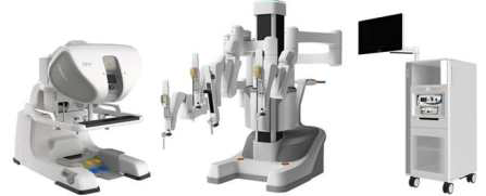레보아이 수술로봇 시스템 구성 장비(좌)컨트롤콘솔,(중)OP카트,(우)비전카트