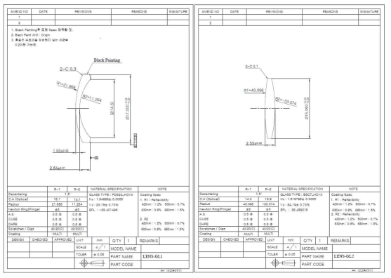 8M 5X 줌렌즈의 GL1(좌)와 GL2(우) 렌즈 설계도면
