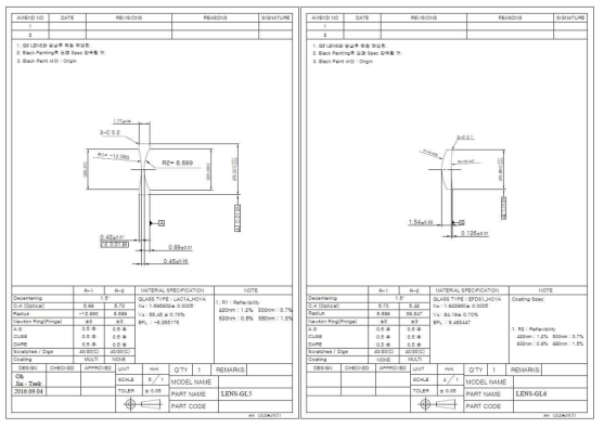8M 5X 줌렌즈의 GL5(좌)와 GL6(우) 렌즈 설계도면