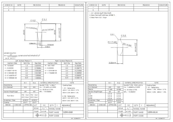 8M 5X 줌렌즈의 GM9(좌)와 GL10(우) 렌즈 설계도면