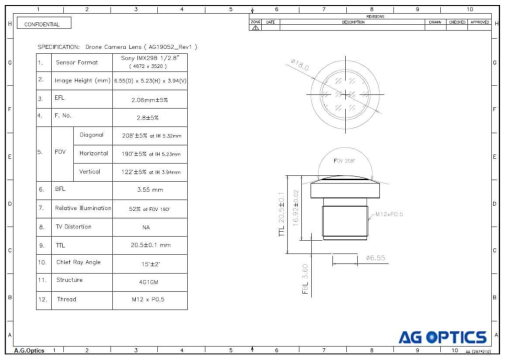 16M 190도 고정초점 초광각 렌즈모듈 spec’ Sheet