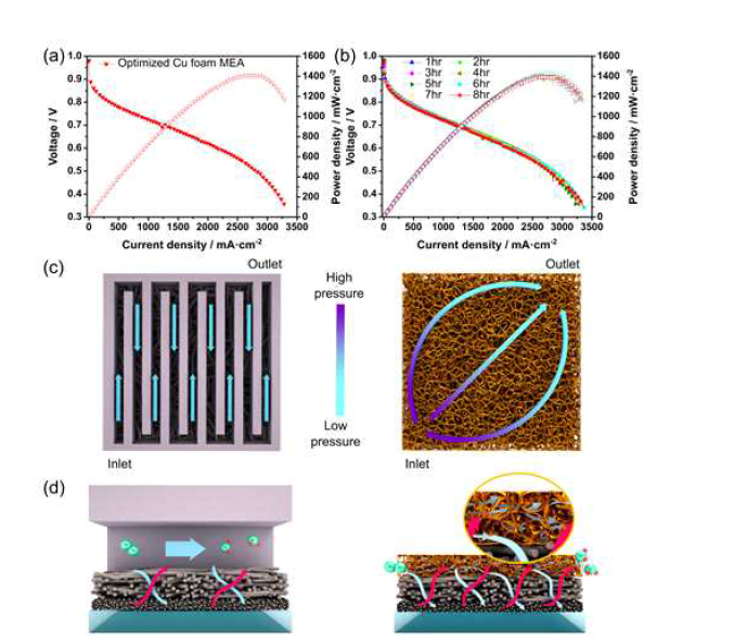 최적화 시킨 Cu 폼과 기존의 MEA의 성능과 구조. (a) 최적화 시 킨 Cu 폼 MEA의 성능곡선. (b) 8시간 이상 Cu 폼 MEA의 안정성 테스트 결과. (c) 기존의 유로 (오른쪽)와 Cu 폼 (top views)에서 반응물의 흐름과 압력구배 (왼쪽)의 개략도. (d) 기존의 유로 (오른쪽)와 Cu 폼 (cross-sectional views)에서 반응물과 물의 물질전달의 개략도. 백금: 0.3 mg/cm2, 1기압, RH100, N211멤브레인, H2/air