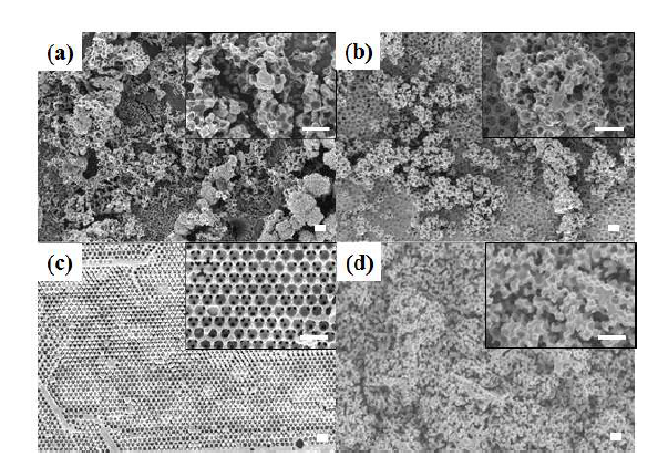 전기전착 전류밀도에 따른 Inverse-opal 전극의 SEM 이미지 (a) 20, (b) 40, (c) 60, (d) 80 mA/cm2 . 스케일 바: 1 μm