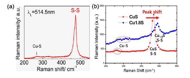 (a) 기존 CuS Raman spectra reference, (b) CuS 및 Cu1.8S Raman spectra 결과