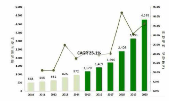 국내 시장 규모 및 전망 출처 : BCC Research(2014), 디스플레 이서 치예5), 비즈니스전략연구소(주) 재구성 / 국내 12% 반영하여 산출