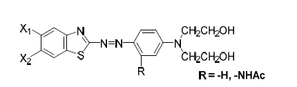 Diazo component로 Heterocycle인 benzothiazol 유도체가 사용된 colorant의 구조