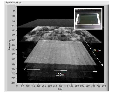 12 Volume의 Raw 데이터를 이용한, 액정 파손된 LCD의 3D 렌더링 OCT 이미지 (5.7인치 영역)