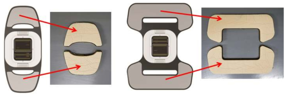 I밴드 피부 점착부(좌)와 H밴드 피부 점착부(우) 목형 제작