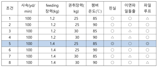 사이징 작업 조건에 따른 테스트 결과