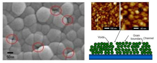 CVD 봉지박막의 결정 입계 핀홀 이미지(좌: FE-SEM, 우: AFM)