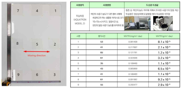 대면적 코팅 박막의 위치별 수분투과도 측정 결과