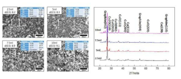 흑연분말 및 0.2M CuSO4 슬러리에 환원액 함량 변화에 따라 코팅된 흑연분말의 미세조직 및 XRD 분석결과