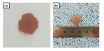 치환반응법을 이용하여 제조된 Cu-흑연 메탈하이브리드 분말(a) 및 펄스통전활성소결 공정으로 제조된 벌크재(b)