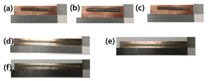 Laser cladding 공정을 이용하여 제조된 클래딩 소재; (a) as fabricated by condition 1 (sample 1), (b) as fabricated by condition 2 (sample 2), (c) as fabricated by condition 3 (sample 3), (d) as fabricated by condition 4 (sample 4), (e) as fabricated by condition 5 (sample 5), (f) as fabricated by condition 6 (sample 6)