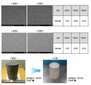 (위) 기존 소결체, (아래) 신규 소결체의 FESEM 측정 결과